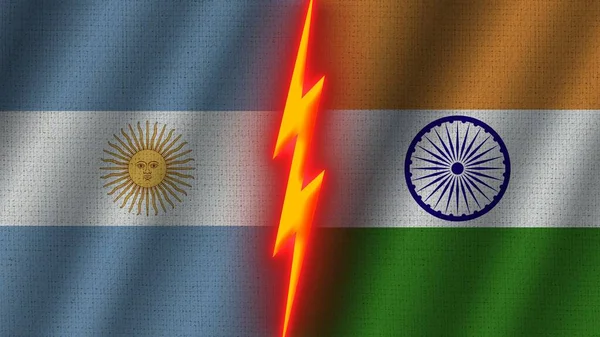 Indien Och Argentina Flaggor Tillsammans Vågiga Tyg Textur Effekt Neon — Stockfoto