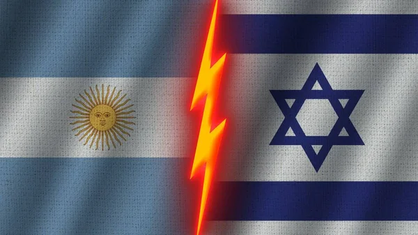 İsrail ve Arjantin Bayrakları Birlikte, Dalgalı Kumaş Doku Efekti, Neon Parıltısı Efekti, Parlayan Şimşek Simgesi, Kriz Konsepti, 3D İllüstrasyon
