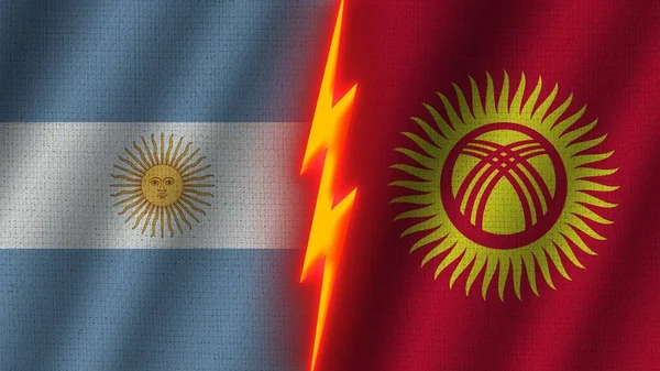 Kirghizistan Argentina Bandiere Insieme Tessuto Ondulato Texture Effetto Neon Glow — Foto Stock