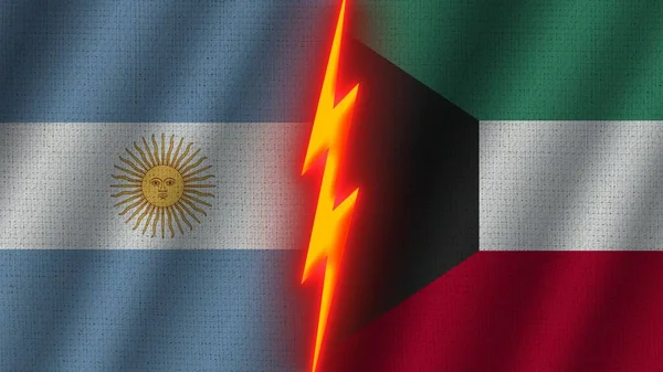 Kuveyt ve Arjantin Bayrakları Birlikte, Dalgalı Kumaş Doku Efekti, Neon Parıltısı Efekti, Parlayan Şimşek Simgesi, Kriz Konsepti, 3D İllüstrasyon