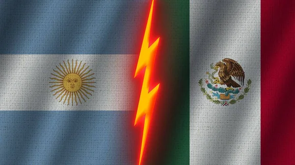 Mexiko Och Argentina Flaggor Tillsammans Vågiga Tyg Textur Effekt Neon — Stockfoto