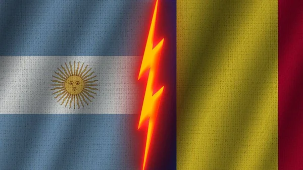 Roemenië Argentinië Vlaggen Samen Golvend Stof Textuur Effect Neon Gloeiend — Stockfoto