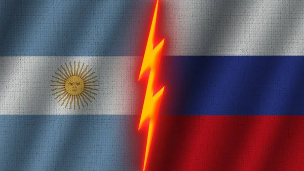 Russia Argentina Flags Together Wavy Fabric Texture Effect Neon Glow — Stock Photo, Image