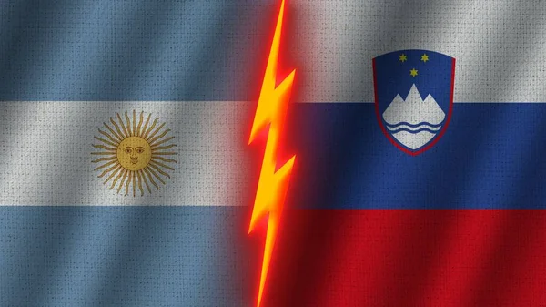 スロベニアとアルゼンチンの国旗一緒に 波織物テクスチャ効果 ネオングロー効果 輝く雷アイコン 危機の概念 3Dイラスト — ストック写真