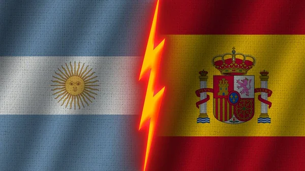 Spanyolország Argentína Zászlók Együtt Hullámos Szövet Textúra Hatás Neon Fényhatás — Stock Fotó