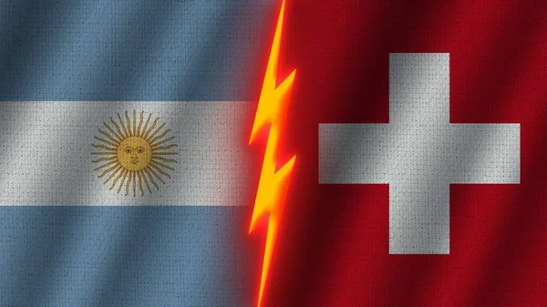 Switzerland Argentina Flags Together Wavy Fabric Texture Effect Neon Glow — Stock Photo, Image
