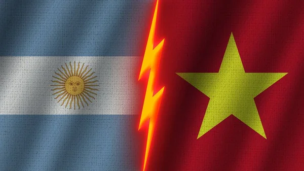 Vietnam Argentína Zászlók Együtt Hullámos Szövet Textúra Hatás Neon Fényhatás — Stock Fotó