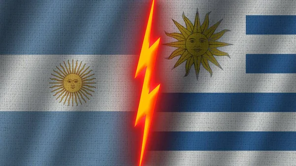 Bandiere Uruguay Argentina Insieme Effetto Texture Tessuto Ondulato Effetto Neon — Foto Stock