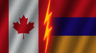 Ermenistan ve Kanada Bayrakları Birlikte, Dalgalı Kumaş Doku Efekti, Neon Parıltısı Efekti, Parlayan Şimşek Simgesi, Kriz Konsepti, 3D İllüstrasyon