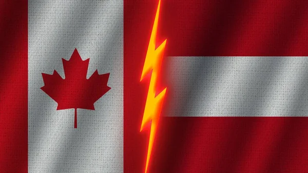 Austria Kanada Flagi Razem Efekt Tekstury Tkaniny Falistej Neonowy Efekt — Zdjęcie stockowe