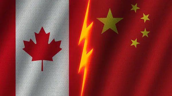 Bandeiras China Canadá Juntas Efeito Textura Tecido Ondulado Efeito Brilho — Fotografia de Stock