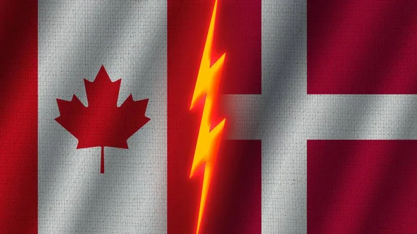 Dania Kanada Flagi Razem Efekt Tekstury Tkaniny Falistej Neonowy Efekt — Zdjęcie stockowe