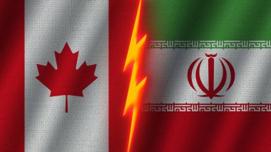 İran ve Kanada Bayrakları Birlikte, Dalgalı Kumaş Doku Efekti, Neon Parıltısı Efekti, Parlayan Şimşek Simgesi, Kriz Konsepti, 3D İllüstrasyon