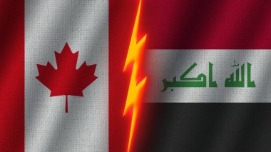 Irak ve Kanada Bayrakları Birlikte, Dalgalı Kumaş Doku Efekti, Neon Parıltısı Efekti, Parlayan Şimşek Simgesi, Kriz Konsepti, 3D İllüstrasyon