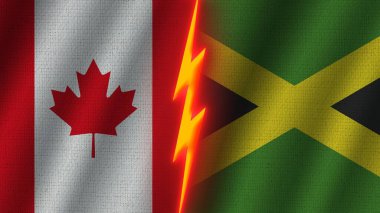 Jamaika ve Kanada Bayrakları Birlikte, Dalgalı Kumaş Doku Efekti, Neon Parıltısı Efekti, Parlayan Şimşek Simgesi, Kriz Konsepti, 3D İllüstrasyon