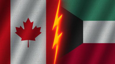 Kuveyt ve Kanada Bayrakları Birlikte, Dalgalı Kumaş Doku Efekti, Neon Parıltısı Efekti, Parlayan Şimşek Simgesi, Kriz Konsepti, 3D İllüstrasyon