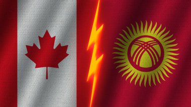 Kırgızistan ve Kanada Bayrakları Birlikte, Dalgalı Kumaş Doku Efekti, Neon Parıltısı Efekti, Parlayan Şimşek Simgesi, Kriz Kavramı, 3D İllüstrasyon