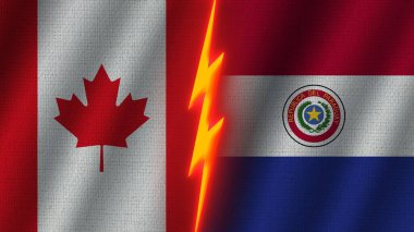 Paraguay ve Kanada Bayrakları Birlikte, Dalgalı Kumaş Doku Efekti, Neon Parıltısı Efekti, Parlayan Şimşek Simgesi, Kriz Konsepti, 3D İllüstrasyon