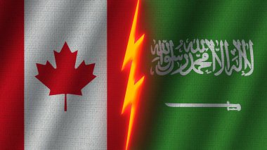 Suudi Arabistan ve Kanada Bayrakları Birlikte, Dalgalı Kumaş Doku Efekti, Neon Parıltısı Efekti, Parlayan Şimşek Simgesi, Kriz Konsepti, 3D İllüstrasyon