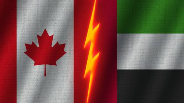 Birleşik Arap Emirlikleri ve Kanada Bayrakları Birlikte, Dalgalı Kumaş Doku Efekti, Neon Parıltısı Efekti, Parlayan Şimşek Simgesi, Kriz Konsepti, 3D İllüstrasyon
