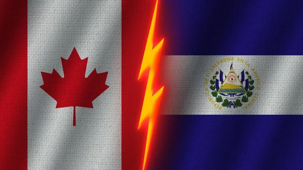 El Salvador and Canada Flags Together, Wavy Fabric Texture Effect, Neon Glow Effect, Shining Thunder Icon, Crisis Concept, 3D Illustration