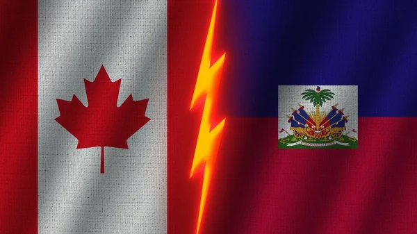 Haiti Kanada Zászlók Együtt Hullámos Szövet Textúra Hatás Neon Fényhatás — Stock Fotó
