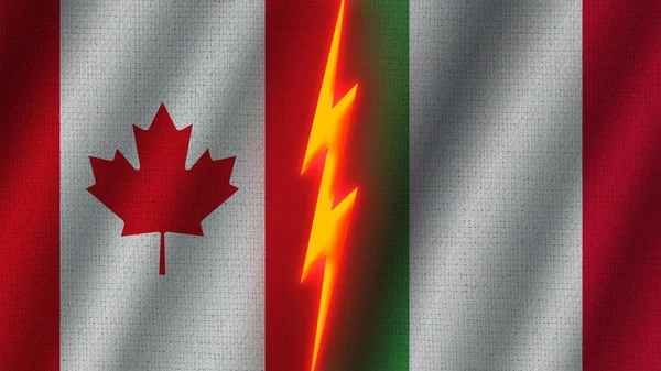 Olaszország Kanada Zászlók Együtt Wavy Fabric Texture Effect Neon Glow — Stock Fotó