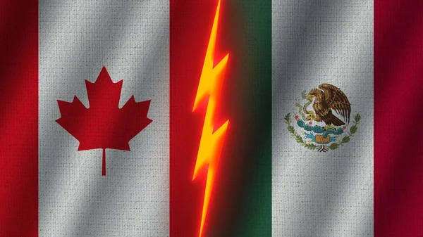 Mexico Canada Vlaggen Samen Golvend Stof Textuur Effect Neon Gloeiend — Stockfoto