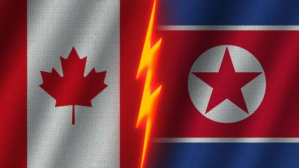 Nordkorea Och Kanada Flaggor Tillsammans Vågig Tyg Textur Effekt Neon — Stockfoto