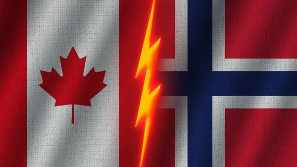 Norway Canada Flags Together Wavy Fabric Texture Effect Neon Glow — Stock Photo, Image