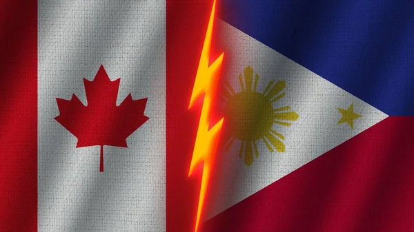 フィリピンとカナダの国旗一緒に 波織物テクスチャ効果 ネオングロー効果 輝く雷アイコン 危機の概念 3Dイラスト — ストック写真