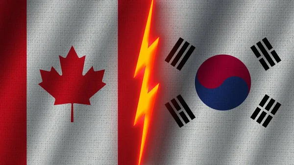 Sydkorea Och Kanada Flaggor Tillsammans Vågigt Tyg Textur Effekt Neon — Stockfoto