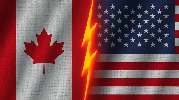 美利坚合众国和加拿大国旗连在一起 波纹织物纹理效果 霓虹灯效果 闪光雷声图标 危机概念 3D插图 — 图库照片