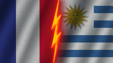 Uruguay ve Fransa Bayrakları Birlikte, Dalgalı Kumaş Doku Efekti, Neon Parıltısı Efekti, Parlayan Şimşek Simgesi, Kriz Konsepti, 3D İllüstrasyon