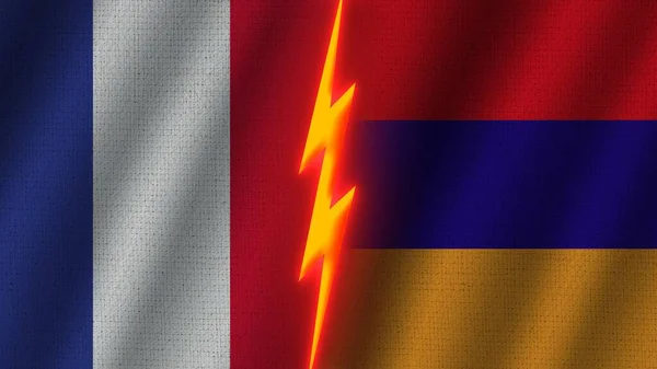Armenia France Flags Together Wavy Fabric Texture Effect Neon Glow — стокове фото