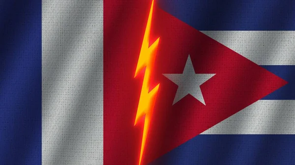 Cuba Frankrijk Vlaggen Samen Golvend Stof Textuur Effect Neon Gloeiend — Stockfoto