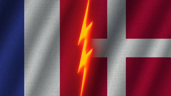 デンマークとフランスの旗が一緒に 波織物テクスチャ効果 ネオングロー効果 輝く雷アイコン 危機の概念 3Dイラスト — ストック写真