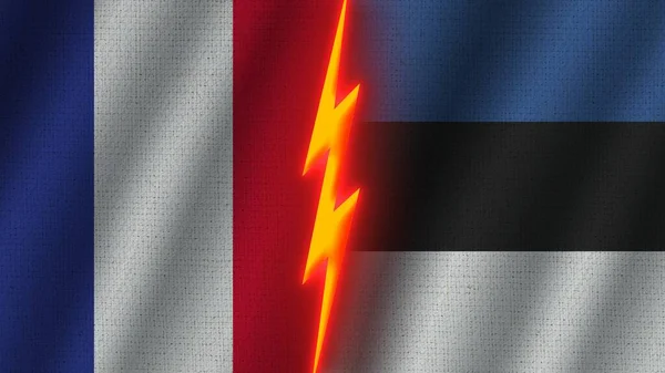 エストニアとフランスの旗が一緒に 波織物テクスチャ効果 ネオングロー効果 輝く雷アイコン 危機の概念 3Dイラスト — ストック写真
