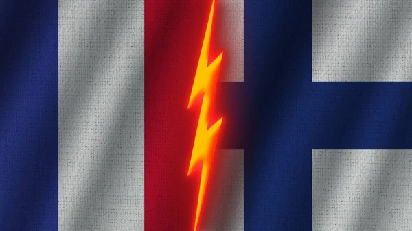 Finlandiya Fransa Bayrakları Birlikte Dalgalı Kumaş Doku Efekti Neon Parıltısı — Stok fotoğraf