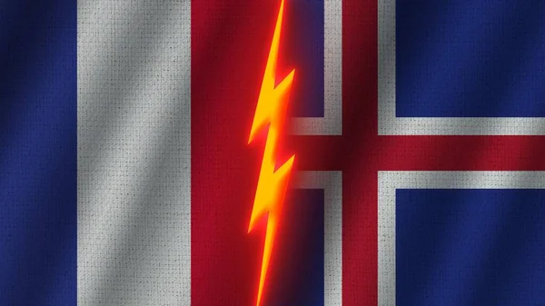Izland Franciaország Zászlók Együtt Hullámos Szövet Textúra Hatás Neon Fényhatás — Stock Fotó