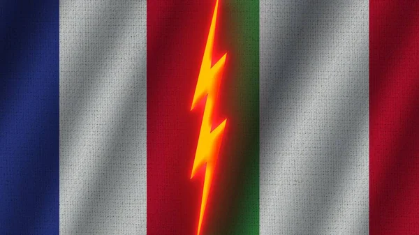 Ιταλία Και Γαλλία Σημαίες Μαζί Κυματιστό Ύφασμα Επίδραση Υφής Νέον — Φωτογραφία Αρχείου