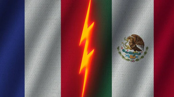 采购产品墨西哥和法国国旗在一起 波威织物纹理效果 霓虹灯效果 闪光雷声图标 危机概念 3D说明 — 图库照片