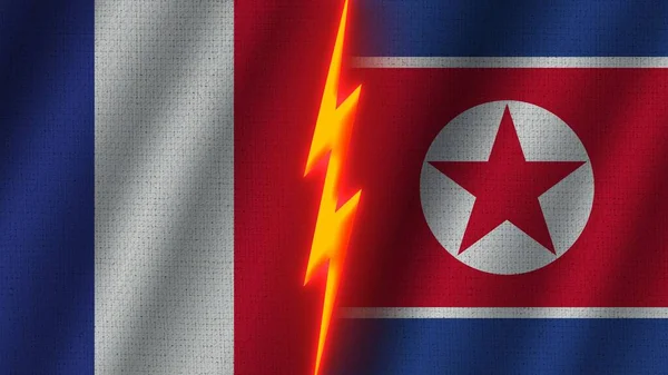 朝鲜和法国国旗连在一起 波纹织物效果 霓虹灯效果 闪光雷声图标 危机概念 3D图解 — 图库照片