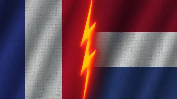 Nederland Frankrijk Vlaggen Samen Golvend Stof Textuur Effect Neon Gloeiend — Stockfoto