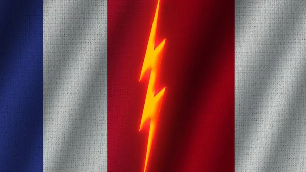 ペルーとフランスの国旗一緒に 波織物テクスチャ効果 ネオングロー効果 輝く雷アイコン 危機の概念 3Dイラスト — ストック写真