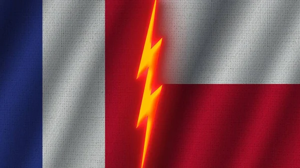ポーランドとフランスの国旗一緒に 波織物テクスチャ効果 ネオングロー効果 輝く雷アイコン 危機の概念 3Dイラスト — ストック写真