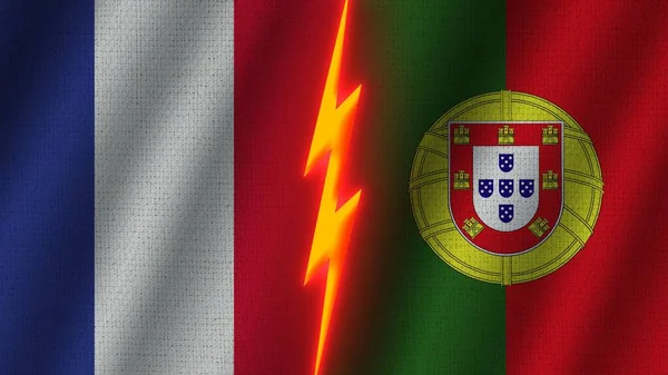 ポルトガルとフランスの国旗一緒に 波織物テクスチャ効果 ネオングロー効果 輝く雷アイコン 危機の概念 3Dイラスト — ストック写真