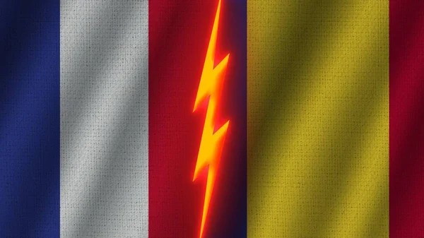 ルーマニアとフランスの国旗一緒に 波織物テクスチャ効果 ネオングロー効果 輝く雷アイコン 危機の概念 3Dイラスト — ストック写真