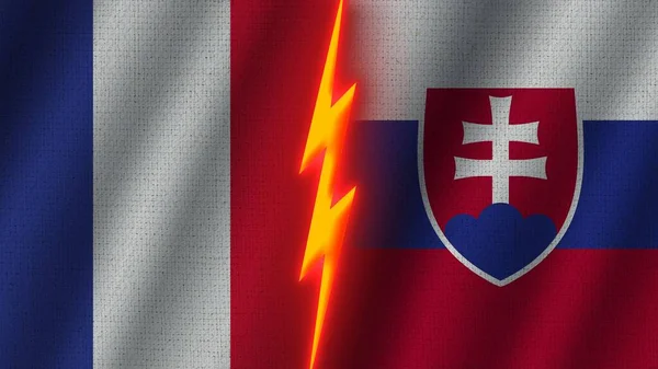 スロバキアとフランスの旗を一緒に 波織物テクスチャ効果 ネオングロー効果 輝く雷アイコン 危機の概念 3Dイラスト — ストック写真