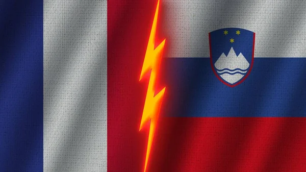 Slovenia France Flags Together Wavy Fabric Texture Effect Neon Glow — стокове фото